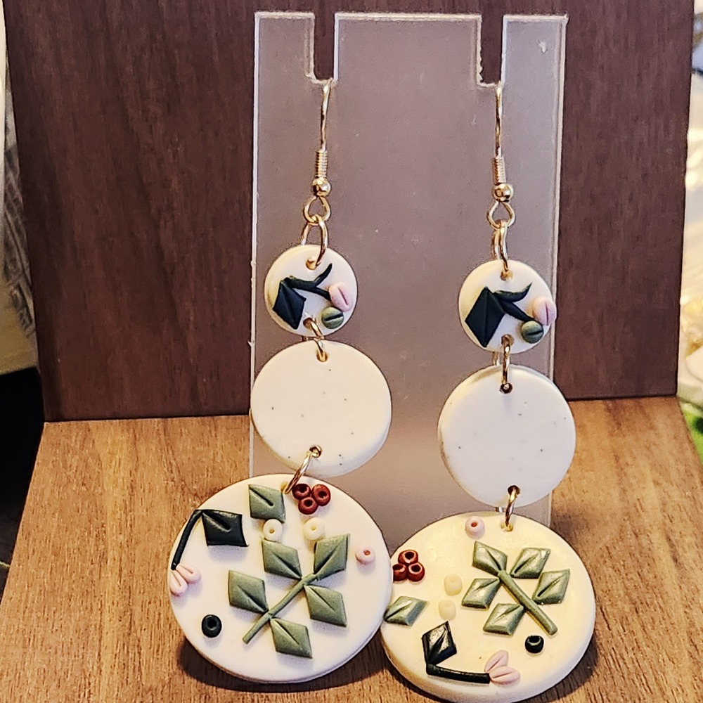 Handmade Polymer Clay Botanical Tiered Circle Dangle Earrings Cream Green Gold